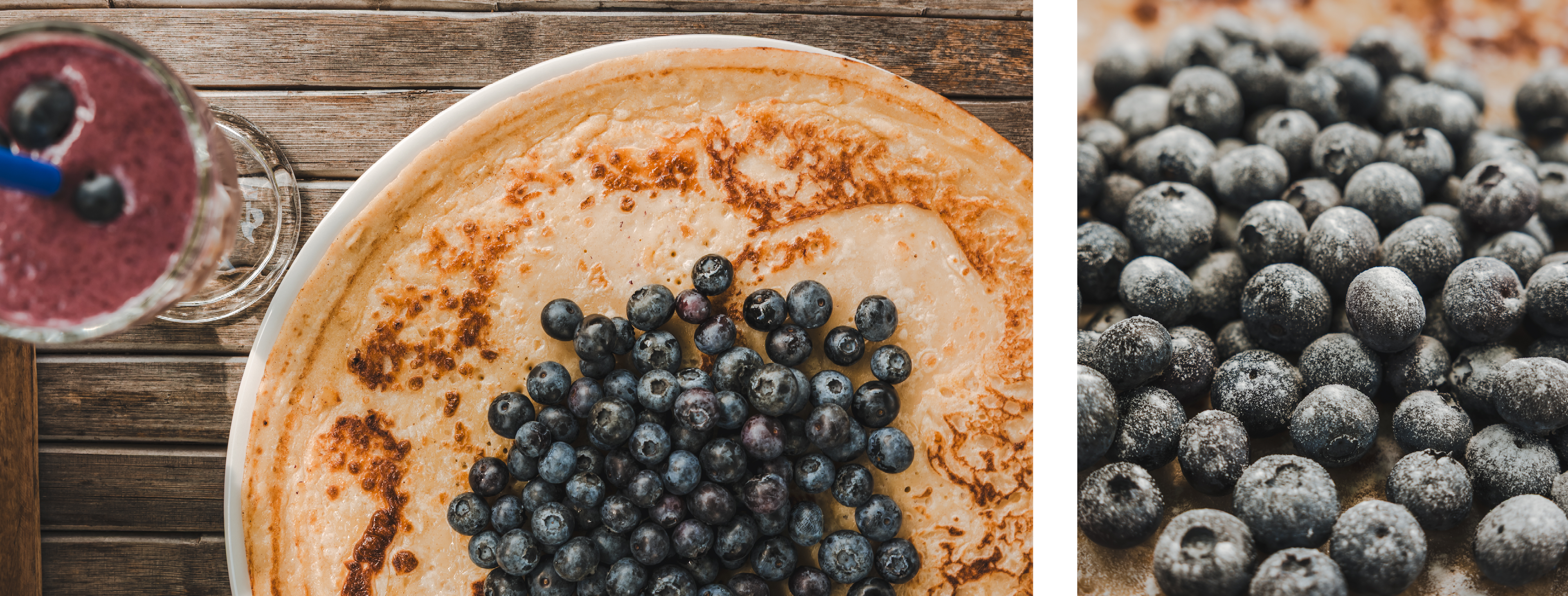De zomer op z'n bes(t). blauwe bessen pannenkoek en milkshake, close up blauwe bessen